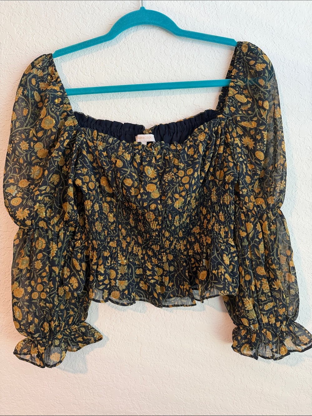 Olivaceous Mustard Floral Smocked Puff-Sleeve Crop Top